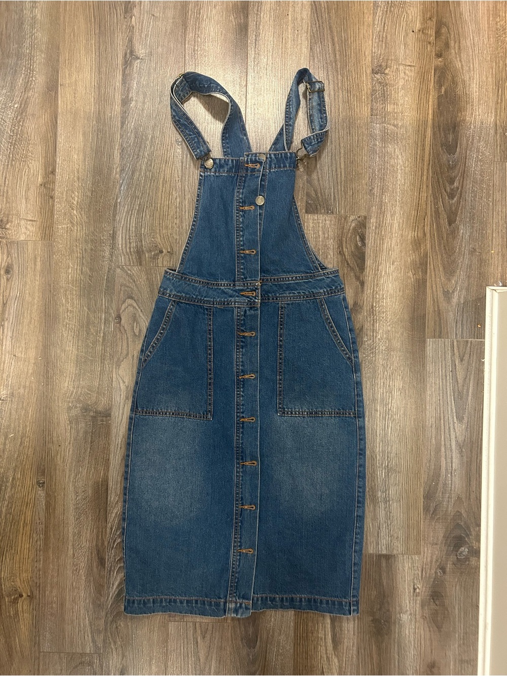Denim Overall Midi Dress in Dark Blue - Classic Button-Front